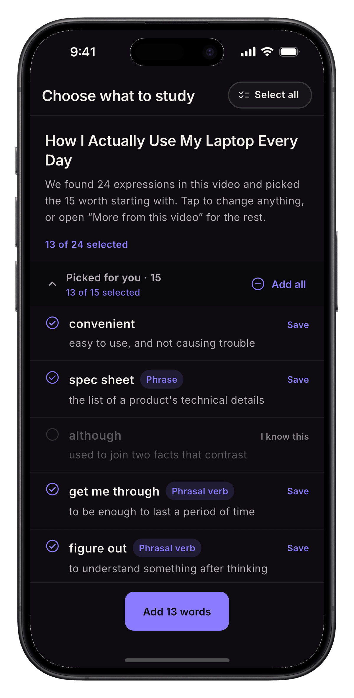Choosing which extracted words to keep, and a word highlighted in the transcript